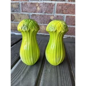 Vtg 60s 70s Celery Stalk Salt & Pepper Shakers - Ceramic Green Veggie Decor